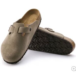 Birkenstock Boston Soft Suede Clogs with Buckle in Taupe